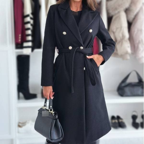 Elegant Double-Breasted Belted Wool Blend Coat For Women – Slim Fit Long Trench Coat With Notched Lapel, Autumn Winter Fashion Outerwear