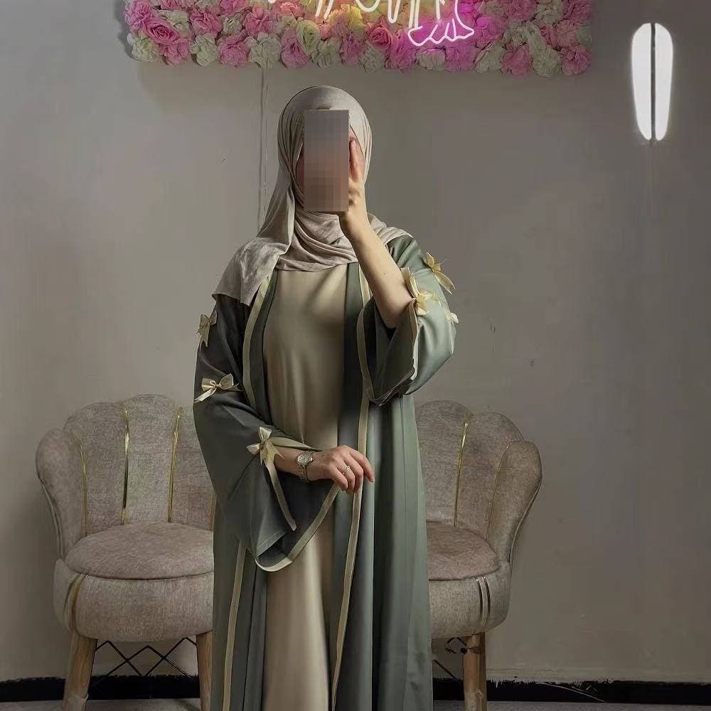 Modest Abaya Dress Muslim Dress Women Elegant Butterfly-Sleeve Abaya Dress – Modest Flowy Maxi Dress With Bow Accent (S-XXXL, Green & Blue)