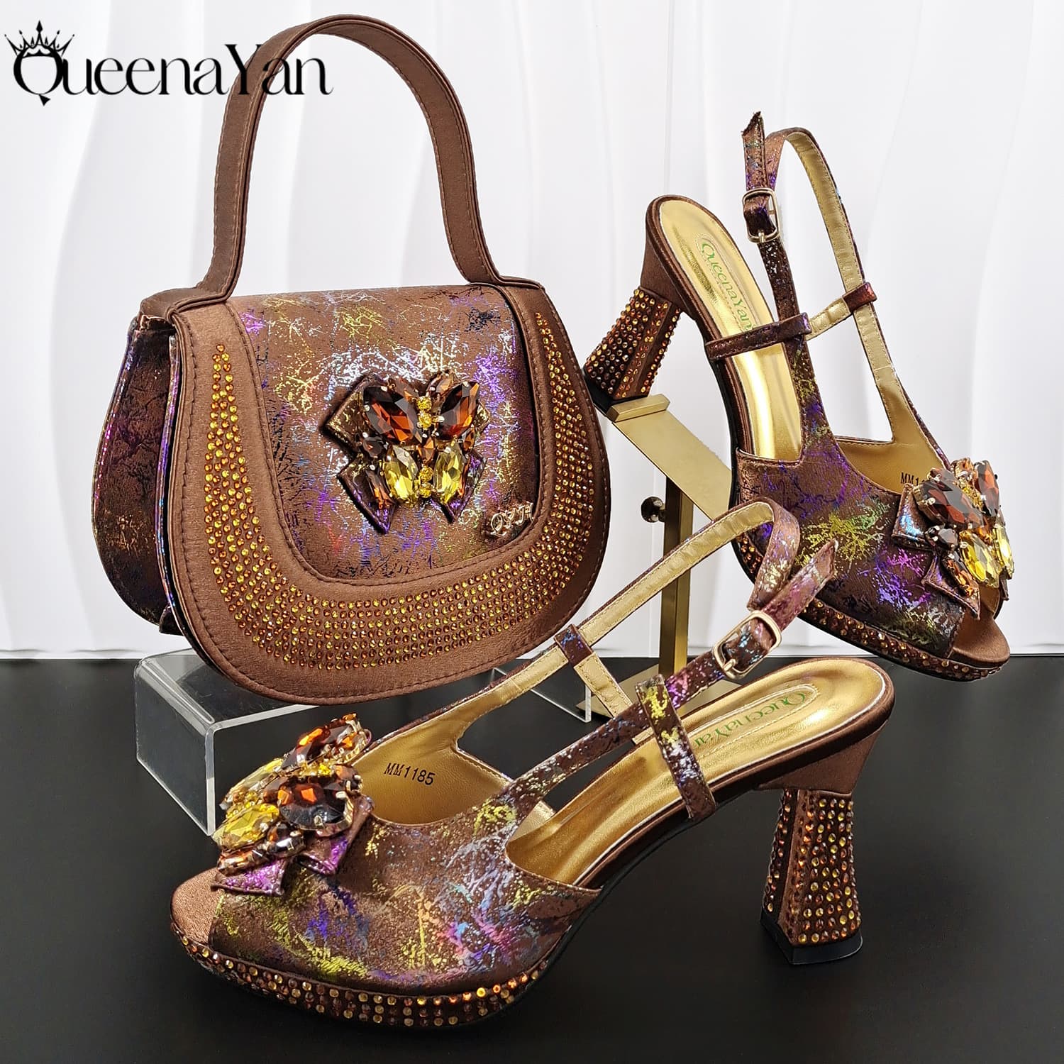 Colorful Textures Shoe And Bag Set For Women With Exquisite Rhinestone Buckles And Heels