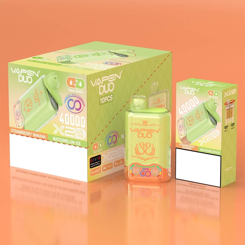 Vape jetable 10 pièces VAPEN DUO 2-en-1 Twins – 40 000 bouffées, double saveur cristal, Razz et citron vert, double réservoir, résistances en