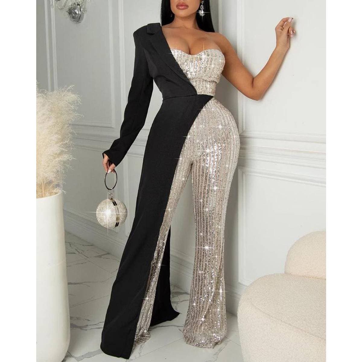 Women's e-commerce independent station women's silver spliced sequined one-shoulder fashion sequined jumpsuit