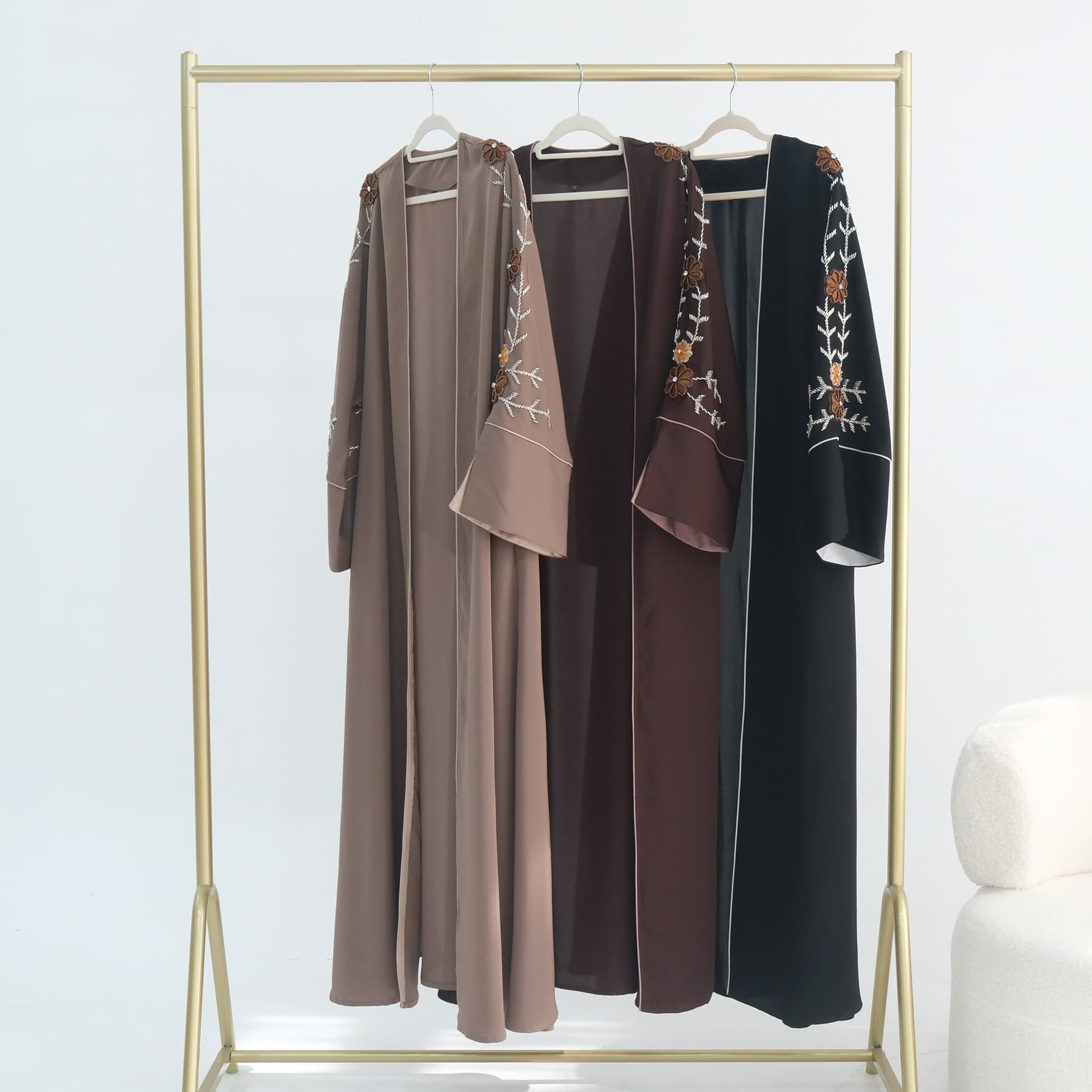Women's Clothing Modest Abaya Dress Hand-Embroidered Abaya With Beaded Floral Motifs – Modest V-Neck Maxi Dress In Black, Mocha & Khaki