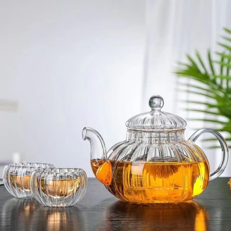 Striped Flower Teapot Thickened Glass Heat Resistant Explosion Proof Teapot Pumpkin Pot High Borosilicate High Temperature Resistant Flower Teapot