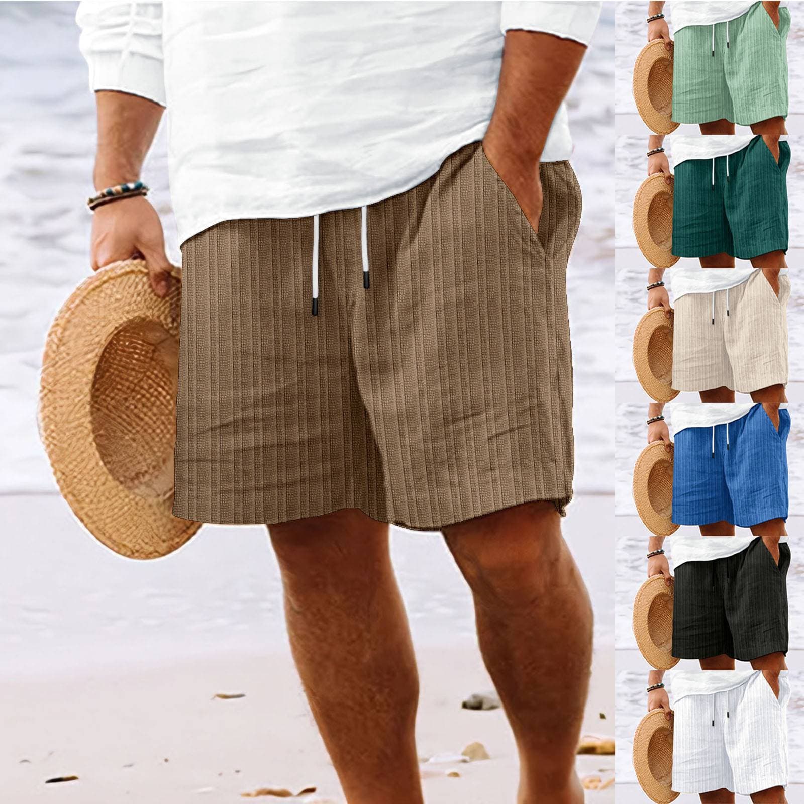 New Cotton And Linen Shorts With Multiple Pockets, Men's Striped Beach Pants With Drawstring
