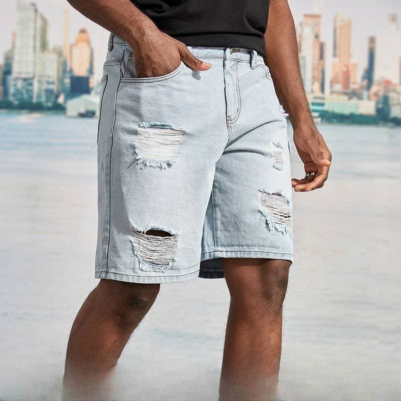 Men's Clothing New Denim Shorts Korean Style Casual Ripped Jeans Men's Street Style Cool Shorts Loose Straight Large Size