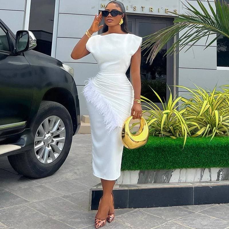 Women's Clothing Summer New Style Elegant Beaded V Neck High Waist One Step Skirt Slit Dress