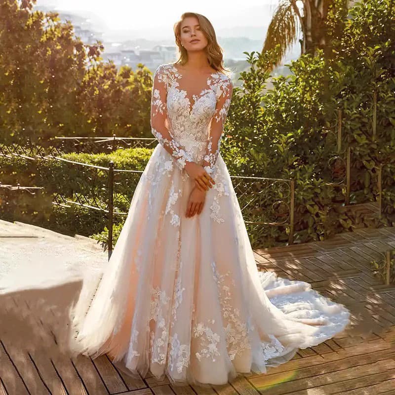 White bridal wedding dress, V-neck long-sleeved dress, waist slit long dress, going out veil, welcome evening dress
