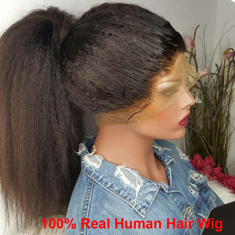 Long Kinky Straight Virgin Human Hair Wigs Brazilian Unprocessed Human Hair Deep Parting Lace Front Wigs Can Be Restyle