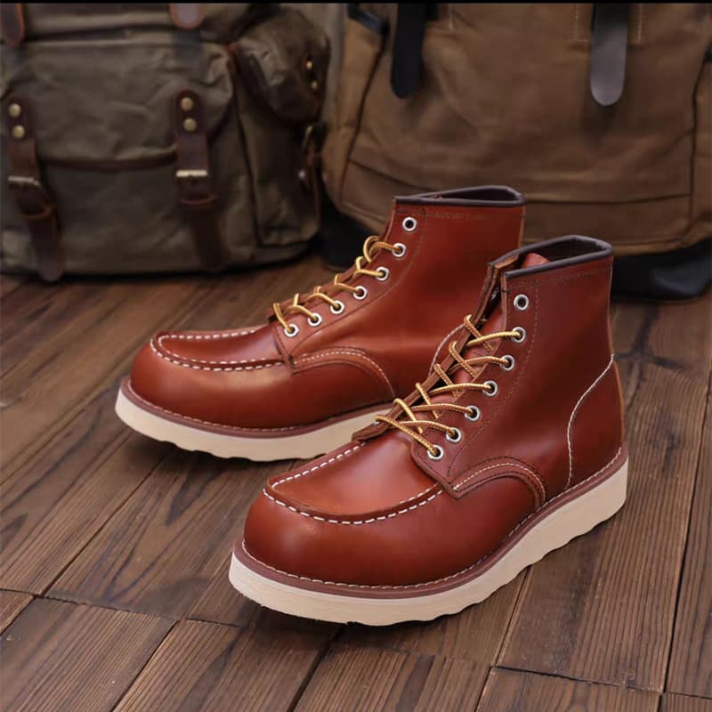 Vintage British Men Casual Ankle Boots Cow Leather Shoes Wings Tooling Handmade Autumn Winter Work Motorcycle Boots Red