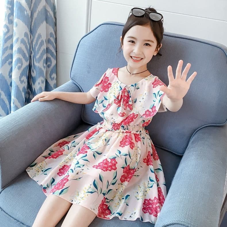 Mother & Kids Girls 2024 summer new Korean style floral chiffon dress for little girls short-sleeved baby princess dress