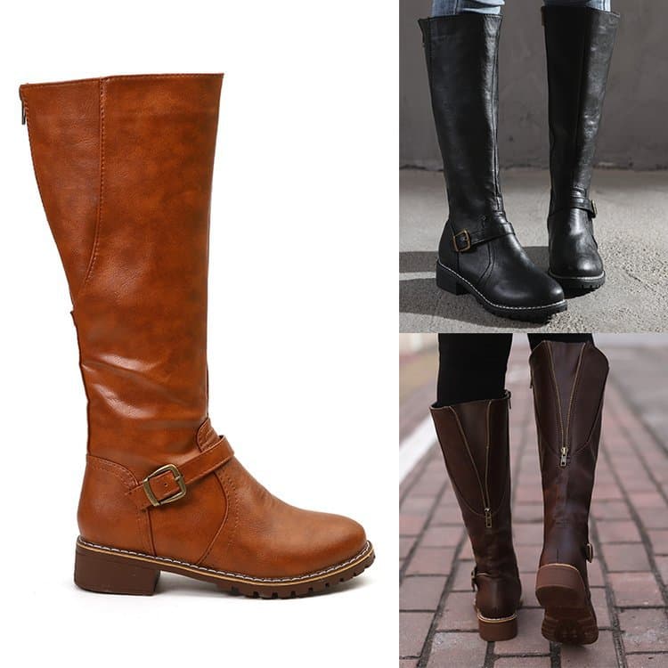 Big round toe high boots fat thin two knights with thick heels