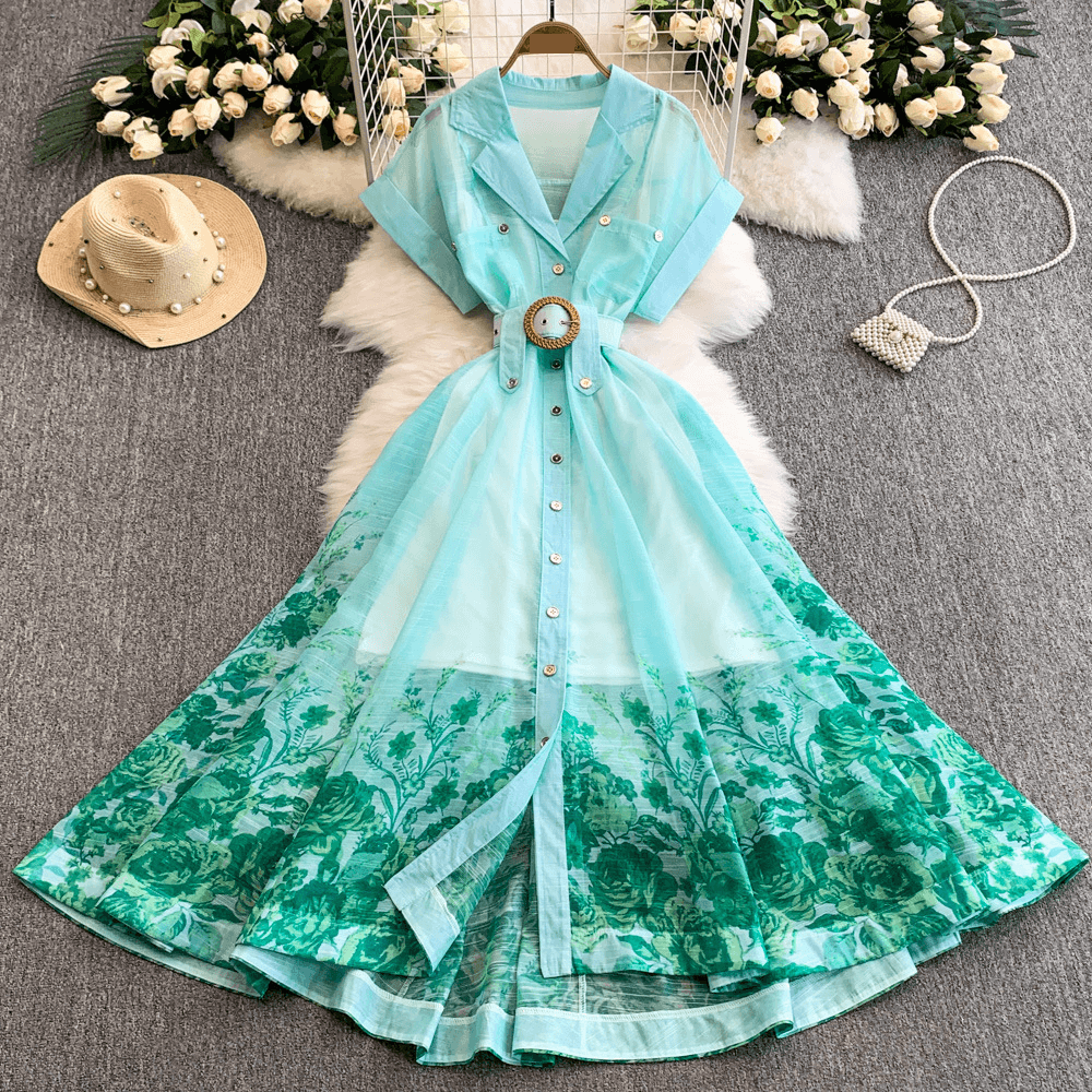 Women's Clothing Positioning Flower Suit Collar Dress Romantic Holiday Slim Long Skirt
