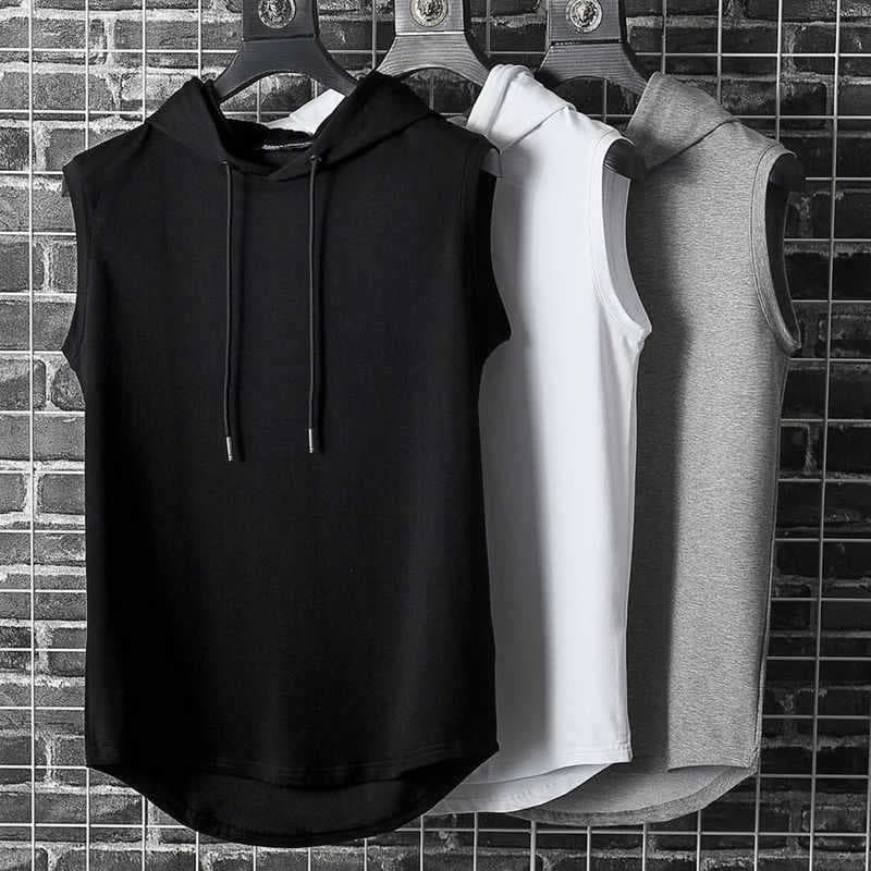 High Street Hooded Vest For Men Summer Fitness Training Basketball Shoulder Vest Trendy American Style Vintage Sleeveless T-Shirt
