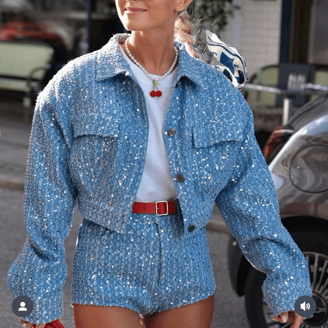 Women's internet celebrity denim sequined jacket short coat suit