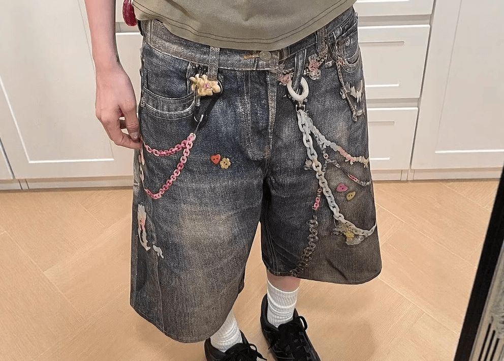 Men's Clothing Style Chain Scissors 3D Printed Denim Shorts Men's Summer American Trendy Loose Casual Straight Cropped Pants