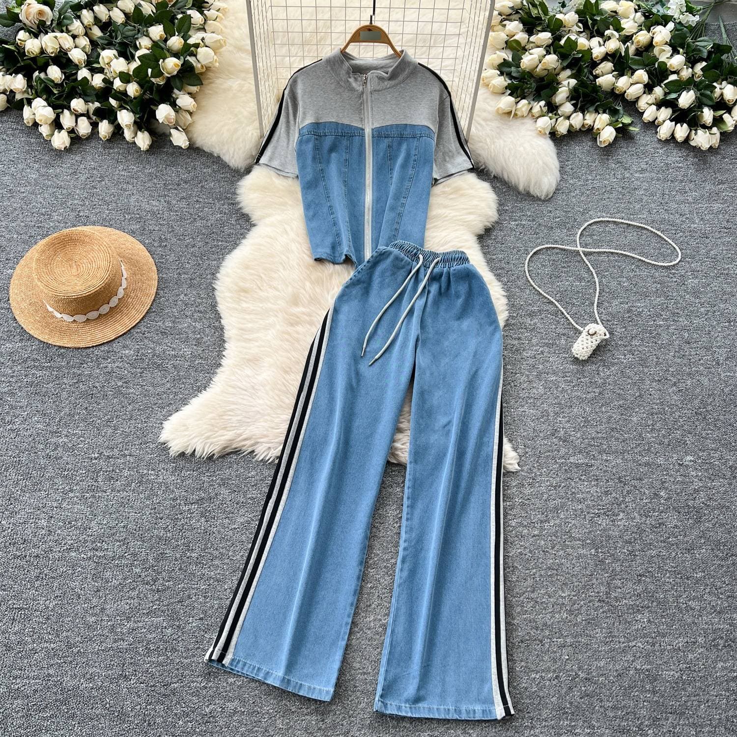 Revival Denim & Knit Set – Cropped Mock Neck + High-Waisted Wide-Leg Jeans (S/M/L, Grey/White/Black)