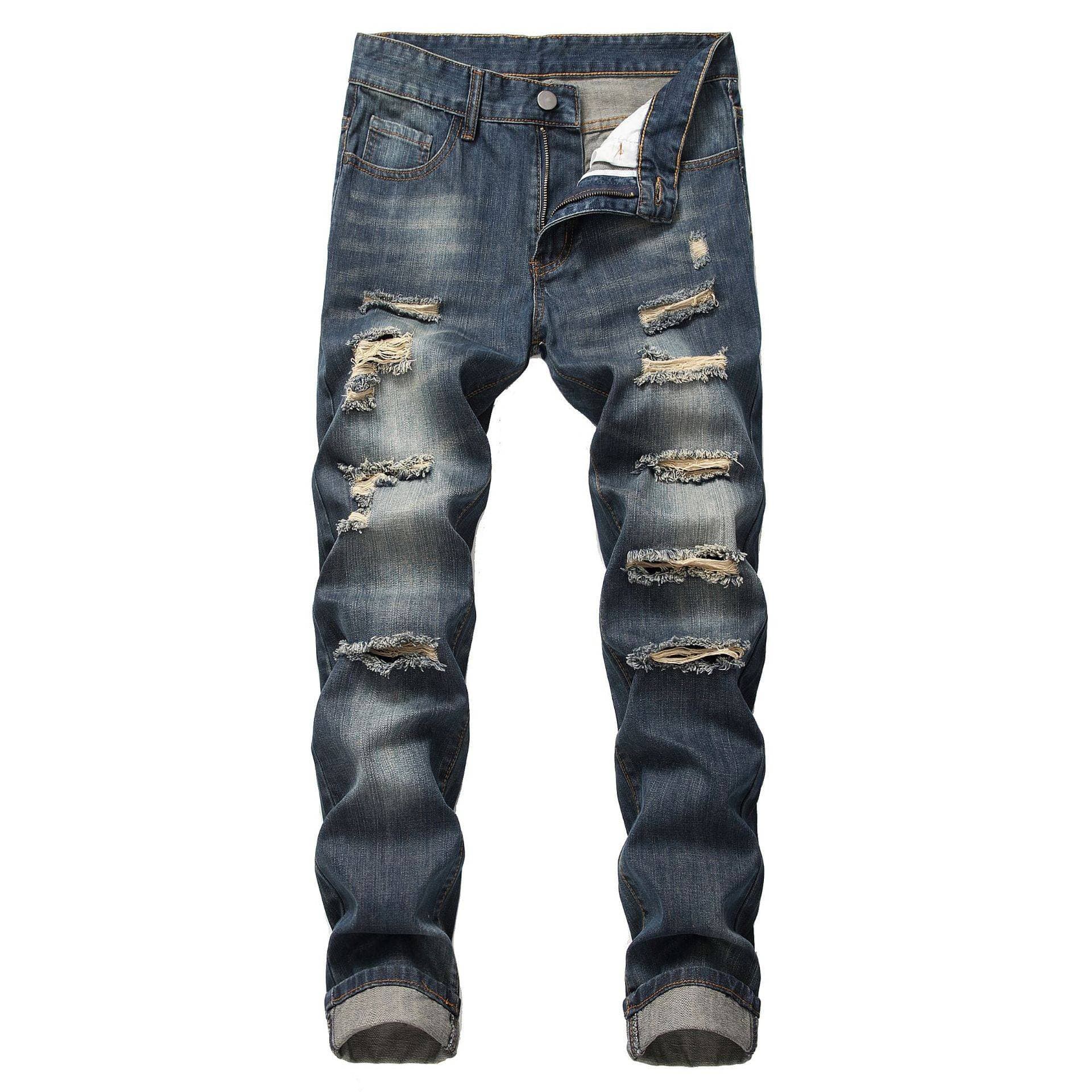 Men's Ripped Jeans Straight Leg Slim Fit Ripped Men's Non-stretch Denim Trousers LY010