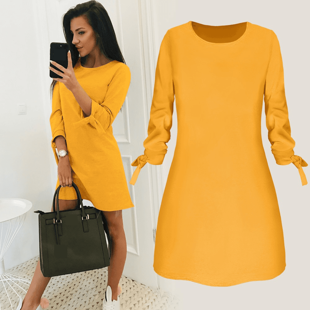 Women's Solid Color Dress Casual O-neck Dress Lace-up