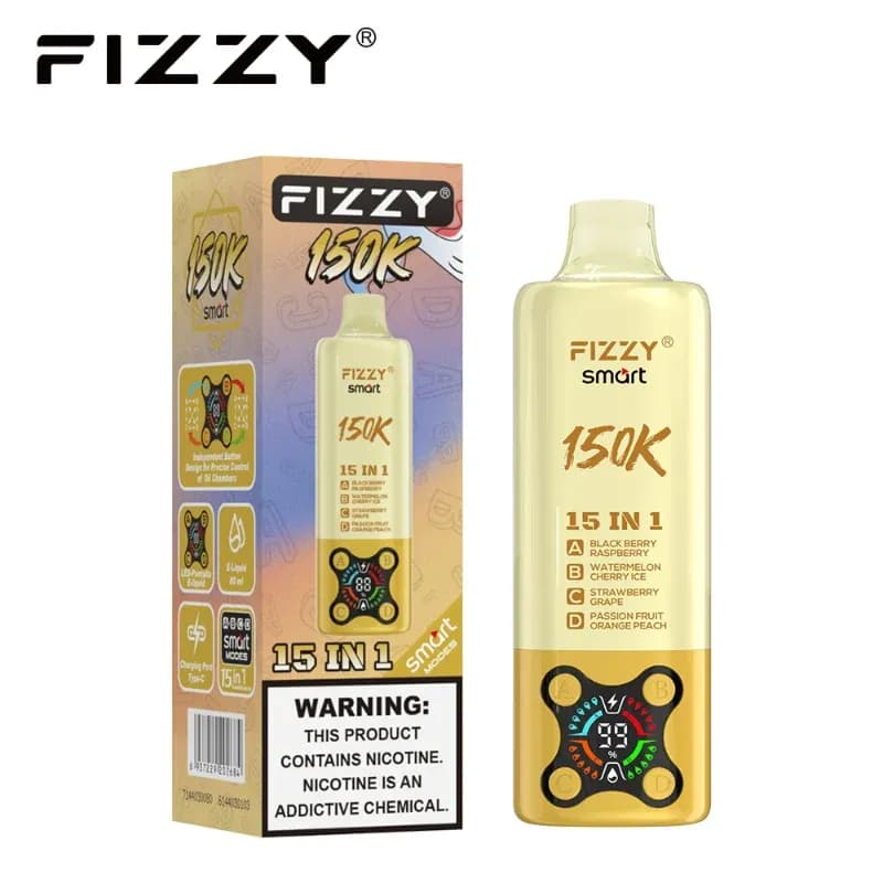 Vape rechargeable 4 en 1 Fizzy Smart 150K, écran numérique, 15 combinaisons de saveurs, 80 ml, 2 % de nicotine
