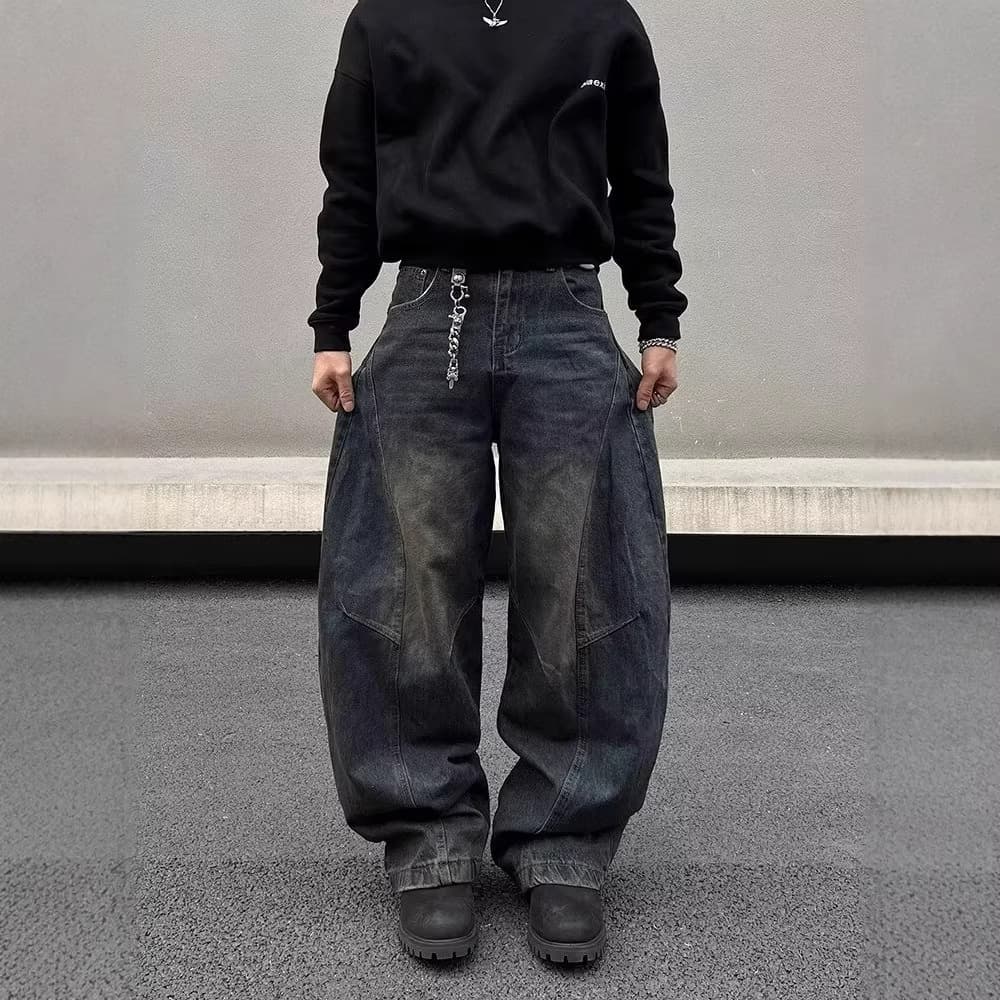 Men's Clothing Unisex Retro Washed Deconstructed Curved Blade Jeans Loose Straight Leg Casual Wide Leg Baggy Floor Length Pants
