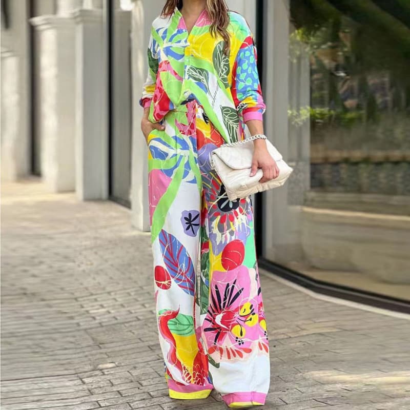 Women's Style Printed Loose Long Sleeve Wide Leg Pants Fashion Suit