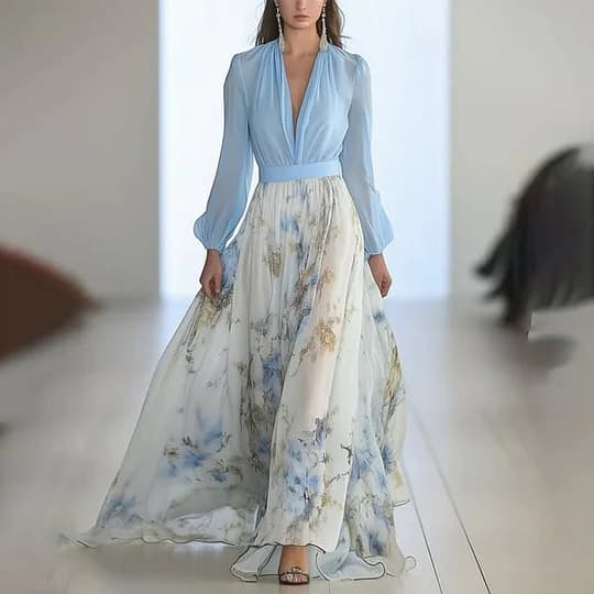 Women's Clothing Digital Printing Long Sleeve V Neck Splicing Long Skirt Dress