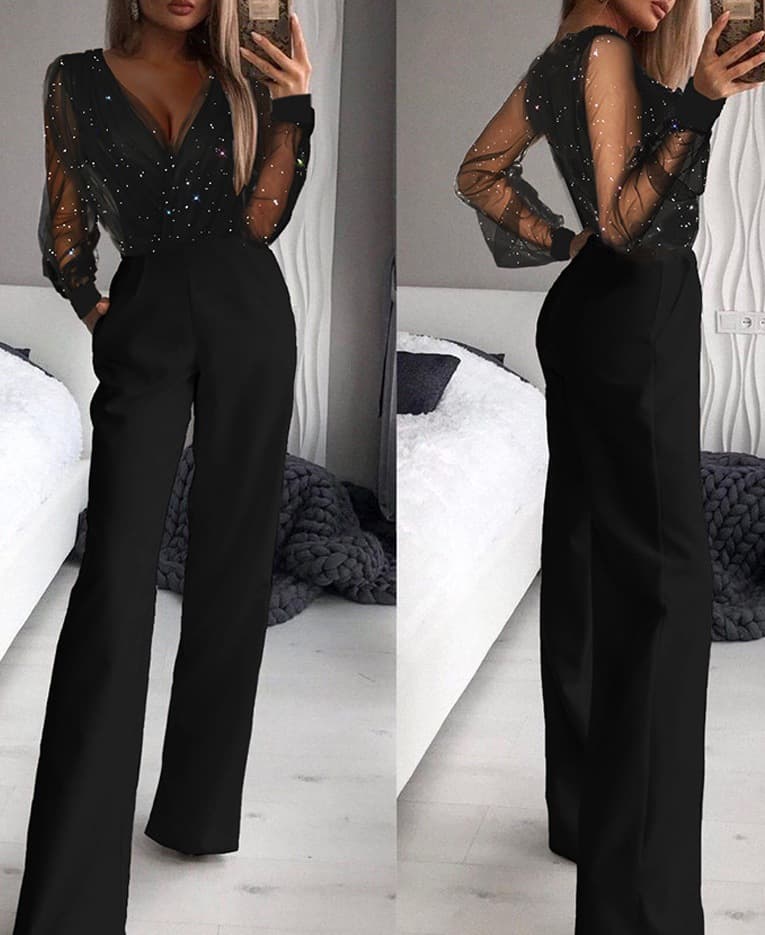 Women's 2023 new fashion trend shiny mesh powder splicing tall temperament jumpsuit women's clothing