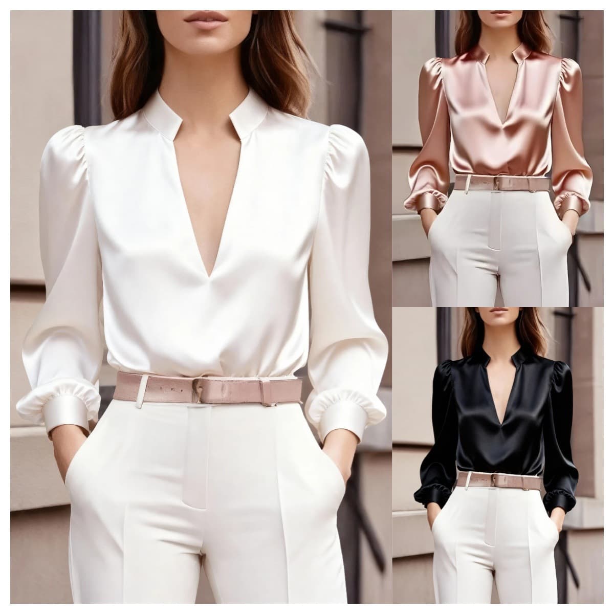 Elegant Satin Long Sleeve Blouse For Women - Office Ready V-Neck Pullover With Modern Draping & Comfort Fit (Black/White/Pink, S-XXL)