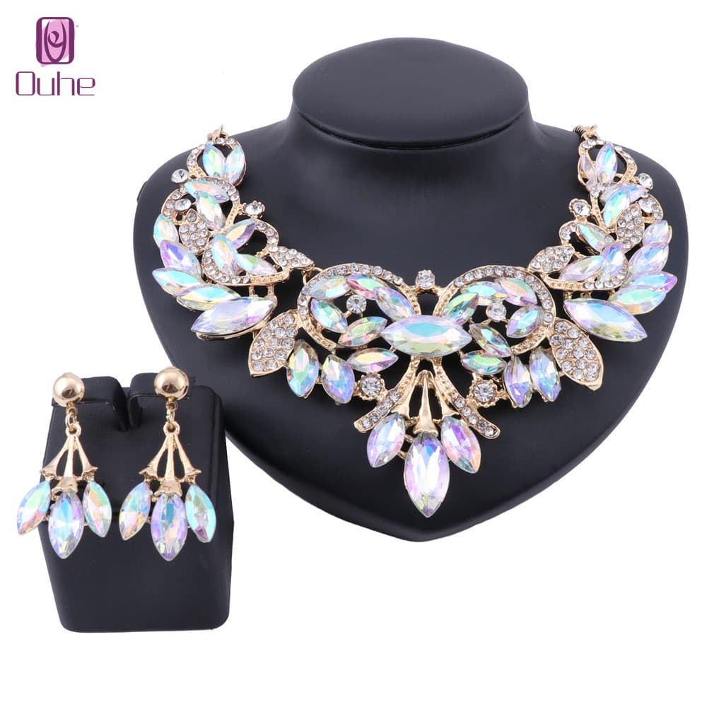 Elegant Gold Color Rhinestones Crystal Statement Necklace Earrings Bridal Party Jewelry Sets