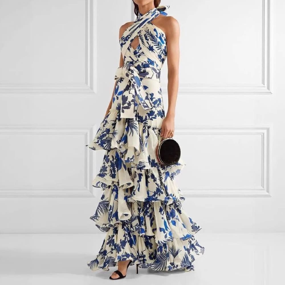 Bohemian Summer Maxi Dress With Floral Print & Side Tie Detail – V-Neck, High Waist, Flowy A-Line Skirt