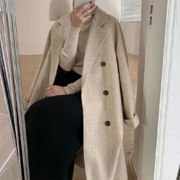 Elegant Long Wool Coat For Women - Oversized Lapel Trench Coat With Pockets, Warm Winter Overcoat In Black, Oatmeal & Mocha (Sizes M-4XL)