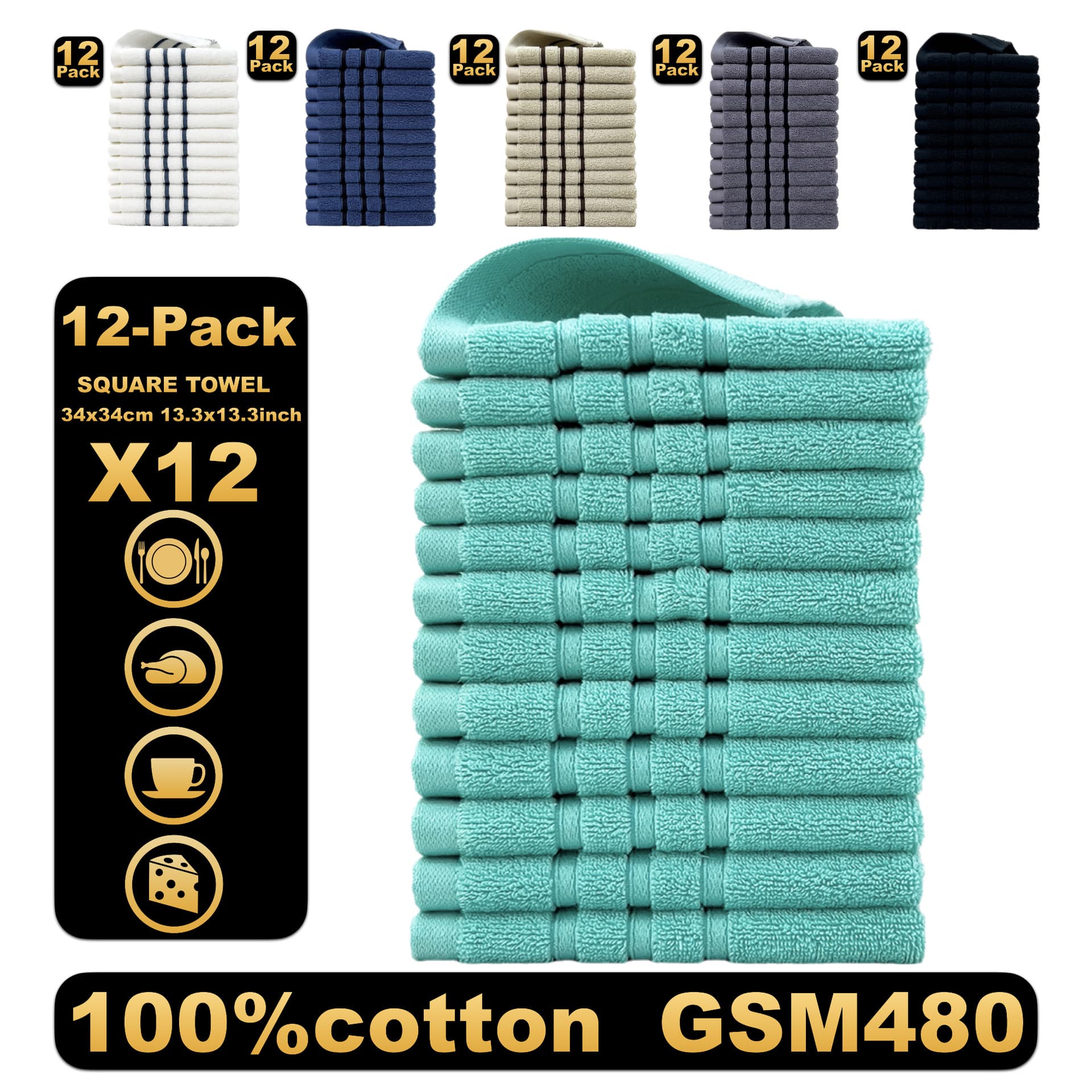 100% Cotton Face Towels – Ultra-Soft & Quick-Dry (0-5s), 12-Piece Set (34x34cm, 780g) – Solid Colors (White/Gray/Black/Beige/Blue/Green)
