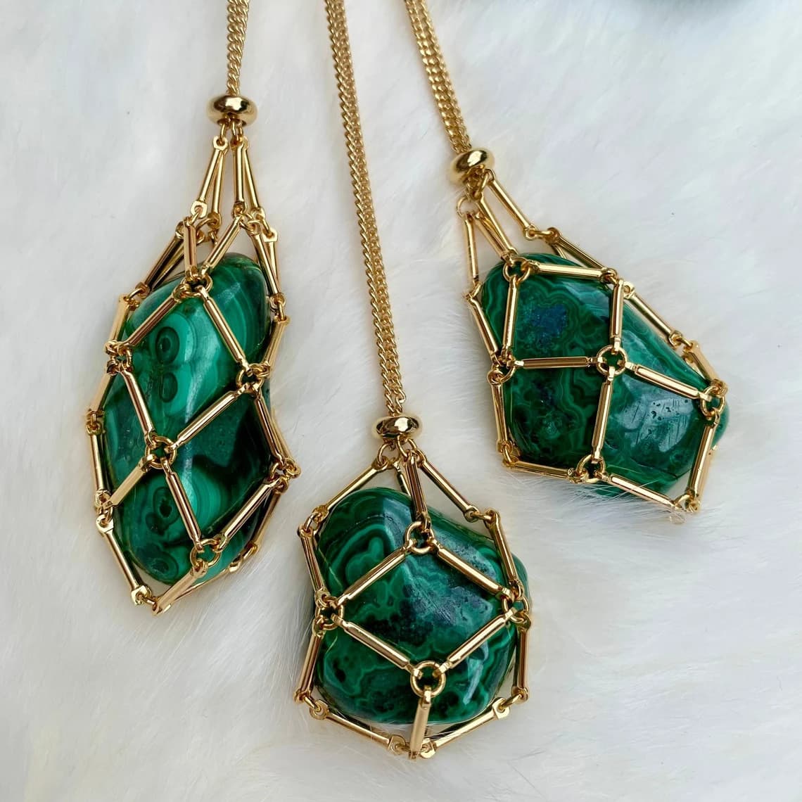 Women's Jewelry K Gold Natural Crystal Raw Stone Net Bag Metal Bamboo Necklace Braided Pendant Adjustment Chain Pendant Net Bag