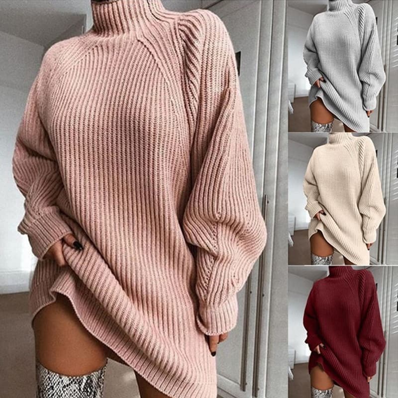 Women's Oversized Knit Sweater Dress – Long Sleeve High Neck Tunic With Raglan Sleeves, Soft Cotton Blend, Casual Loose Fit