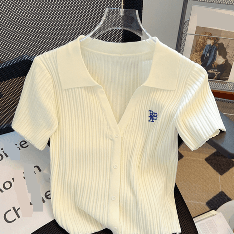 Women's Clothing V Neck Short Tops For Women In Summer High Waist High End Small Size Ice Silk Knitted Polo Shirt Waist Short Sleeved T Shirt