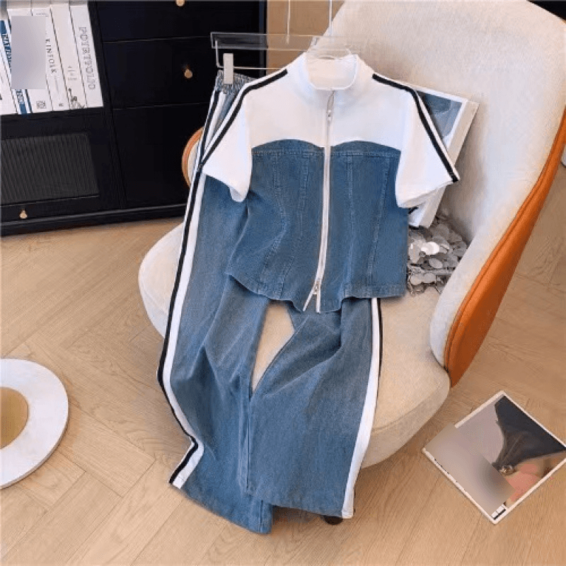 New Women's Fashion Slim-fit Denim Patchwork Color-blocked Casual Straight-leg Pants And Trendy Two-piece Suit.