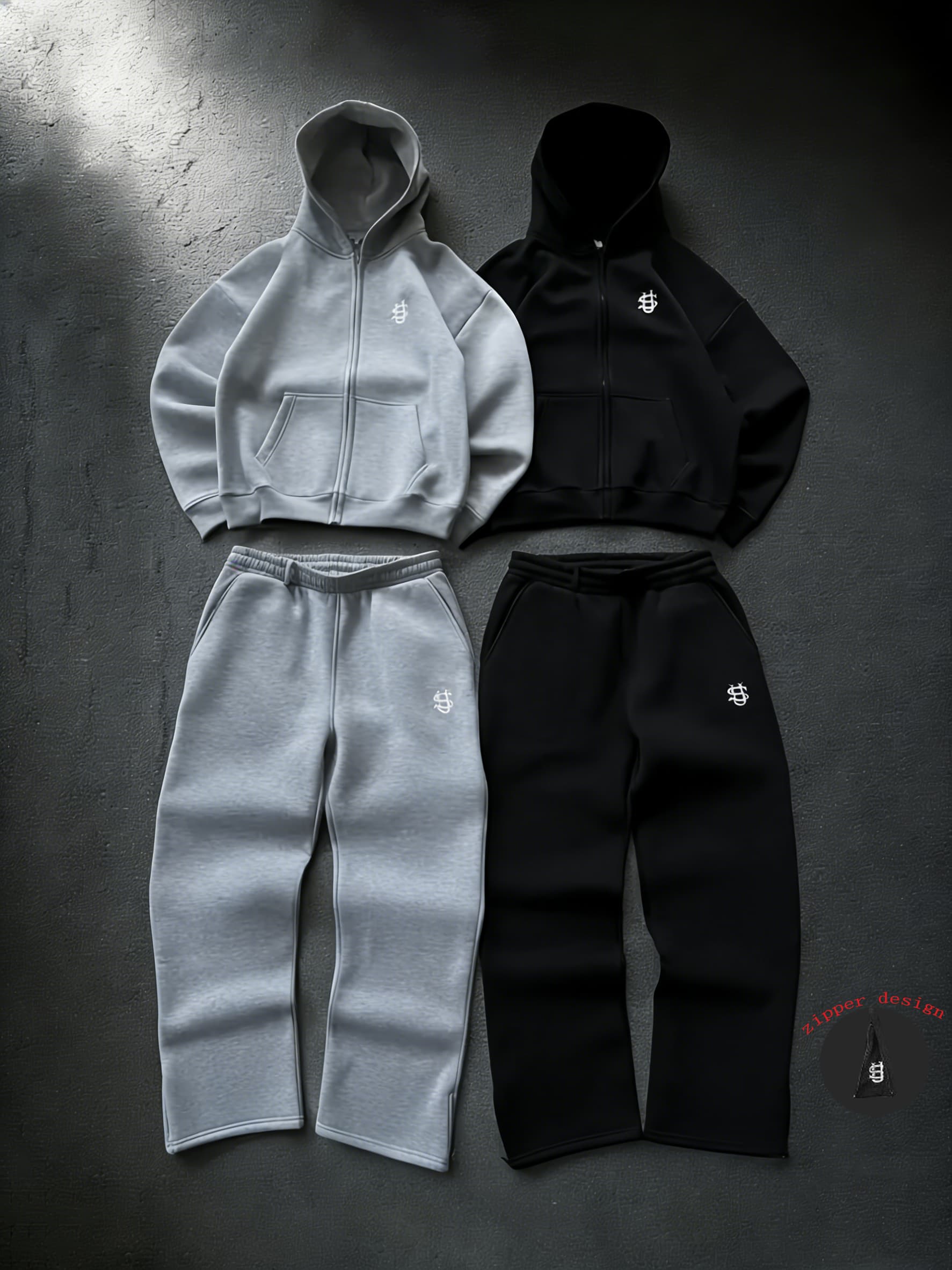 Men's Clothing 2026 Hip-hop Style Hooded Sweatshirt Set With Zippered Cuffs.Embroidery, Slit At The Hem Of The Trousers.
