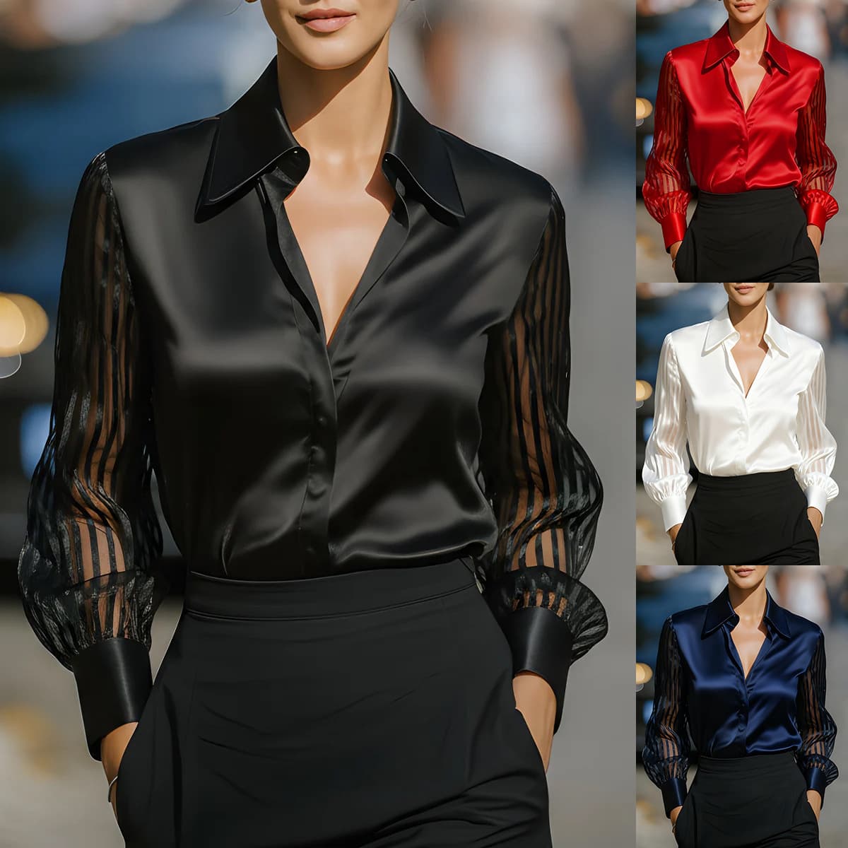 Satin Long Sleeve Shirt For Women – Versatile Fall Essential In Solid Colors (Black/White/Navy/Red, S-XXL)