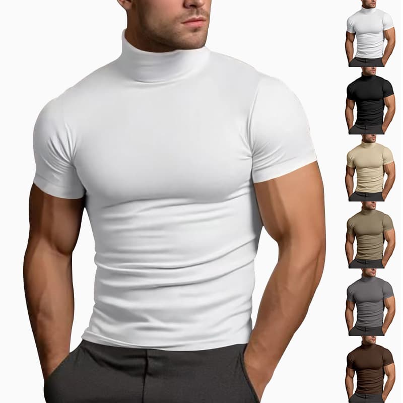 Men's Clothing [PrimeFit] Men's Slim Fit T-Shirt - Summer Solid Color Tee | High Neck Base Layer