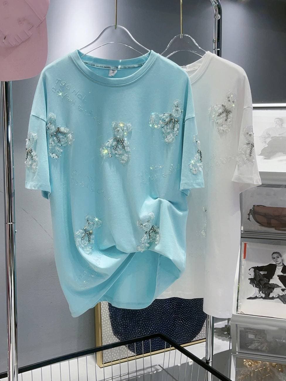 Women's Clothing Shiny Hot Diamond Beading Niche Design Short Sleeve
