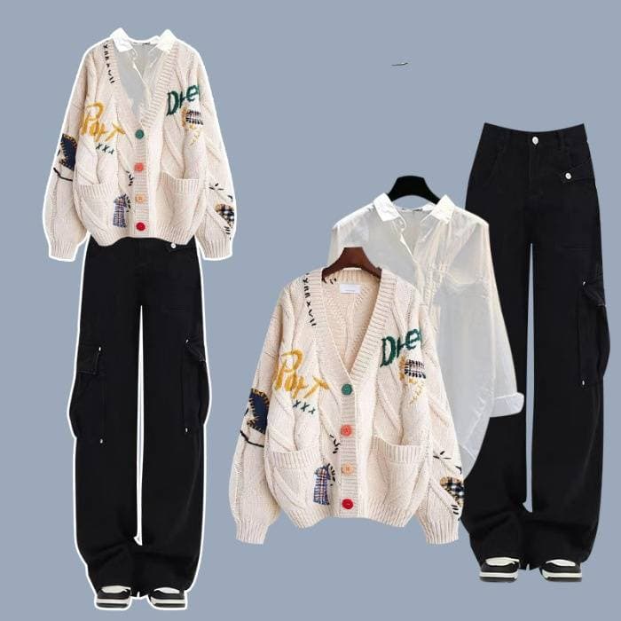 ​​"Officewear 3-Piece Set - Embroidered Cropped Cardigan, Crisp White Shirt & Utility Jeans, Minimalist Business Casual Outfit With Button Details"​​