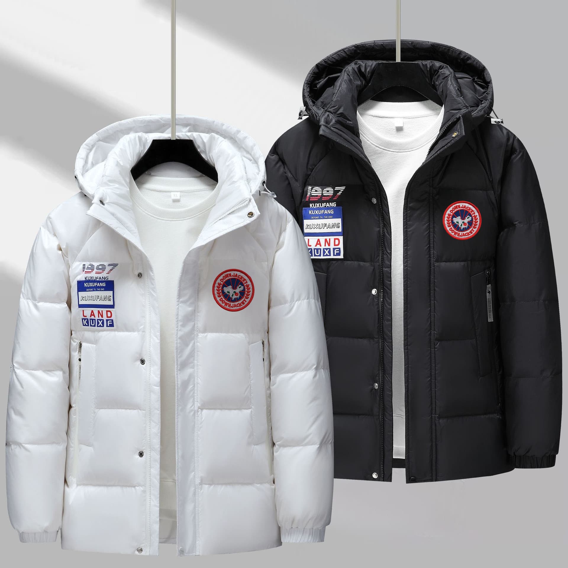 Slim Fit Zip-Up Jacket, Thickened Polyester Cotton Blend Coat, Wrinkle-Resistant Casual Outerwear In Black/White