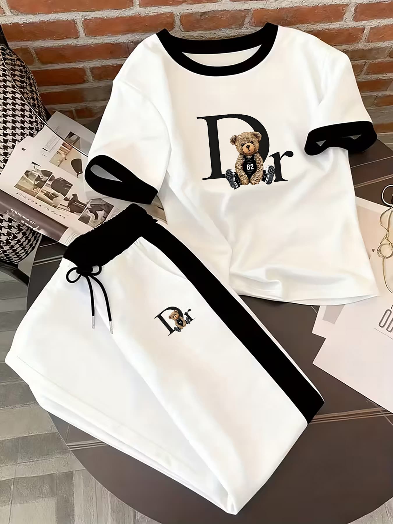 Women's Casual Sporty Two-Piece Set Short Sleeve Top Comfortable Pants Black White-112