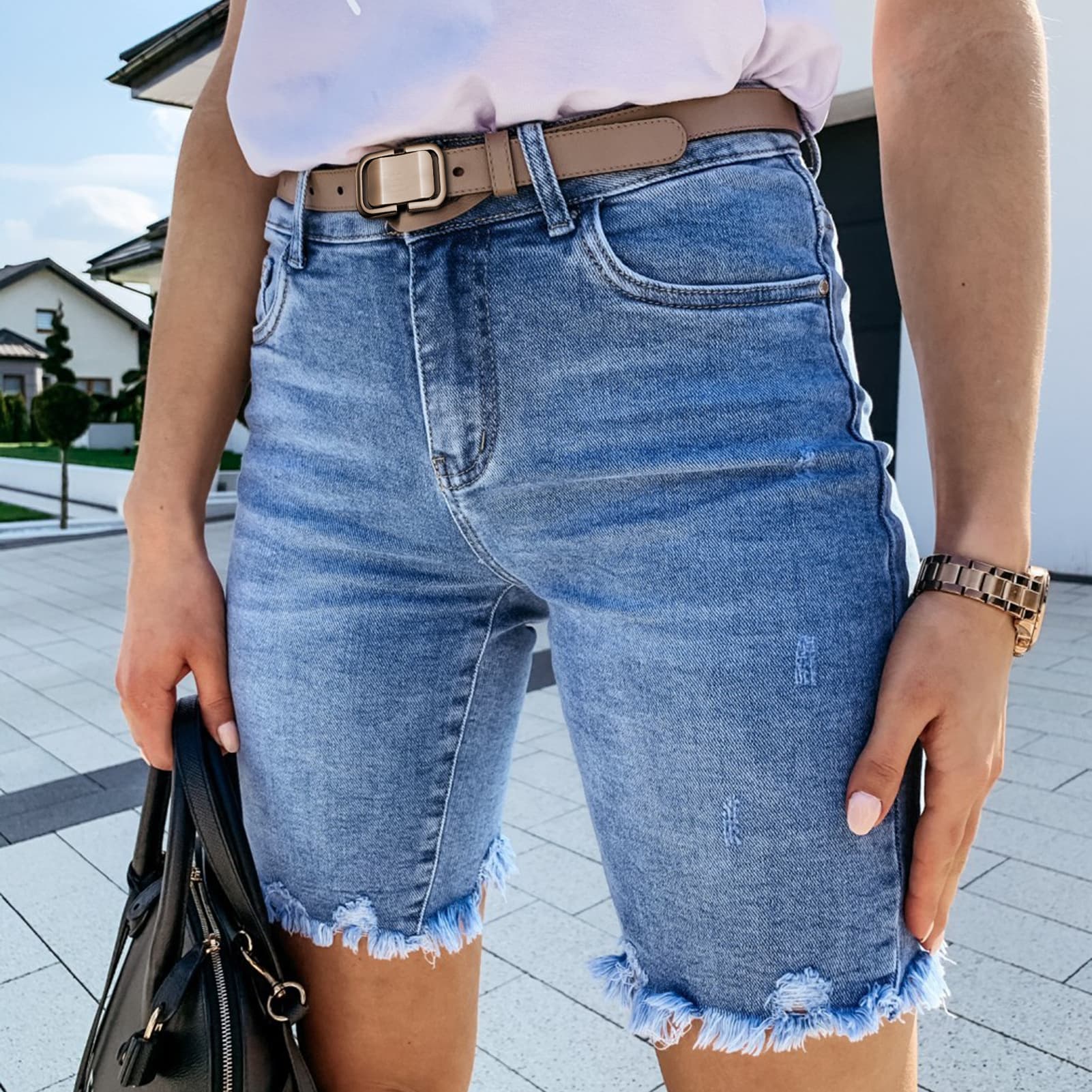 Summer New Fashion Frayed Hem Denim Jeans Women High Waist Straight Leg Blue Jeans Wish Style Hole Punching Decorated