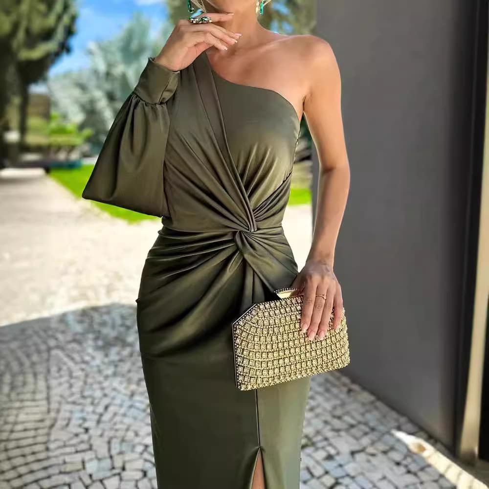 Women's Clothing Summer Oblique Shoulder Knotted Slit Solid Color Slim Dress