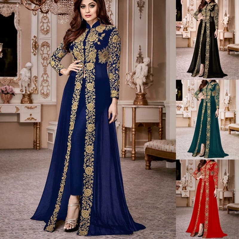 Women's Clothing Fashion Stand Collar Lace Chiffon Dress Retro Long Sleeve Lace Patchwork Waist Long Skirt