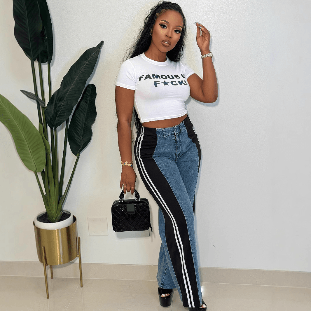 Women's Clothing Fashion Stitching Striped Wide Leg Denim Trousers For Women Casual High Waist Straight Trousers