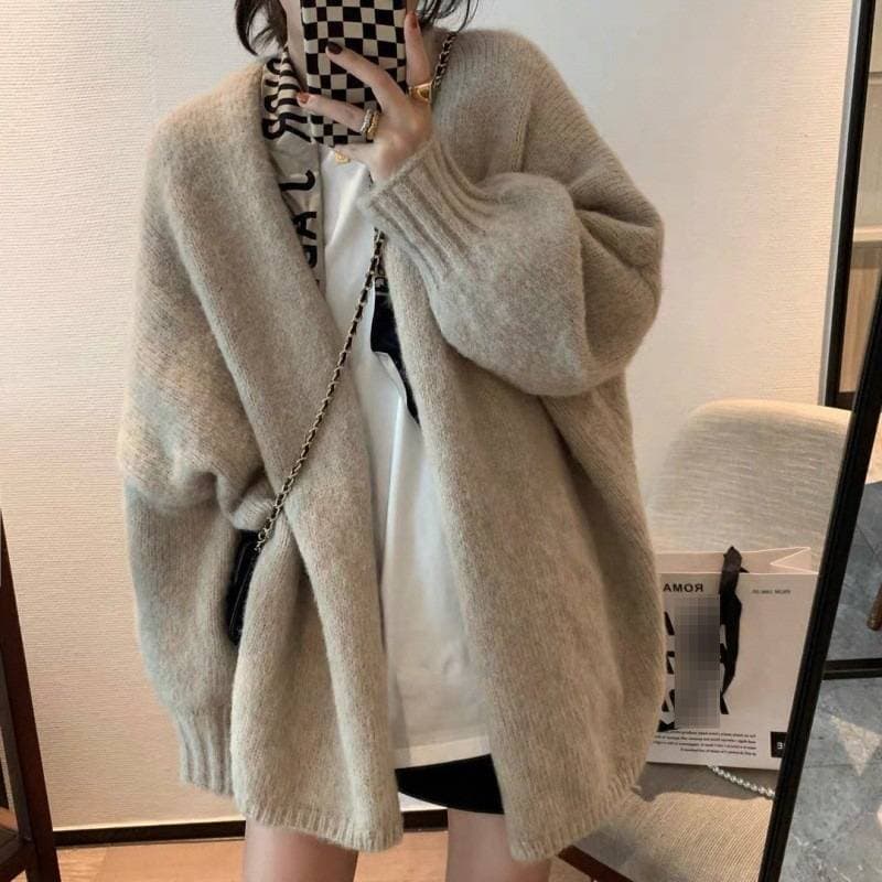 ​​Oversized V-Neck Knit Cardigan – Japanese Minimalist Style (Grey/Khaki/Pink/Beige/Black/Brown, One Size Fits 80-130lbs)​​