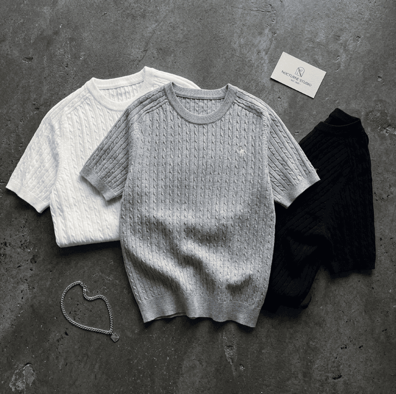 Men's Slimming Ruffled Short Sleeve T-Shirt Embroidered Cable Knit Fashionable Top For Export