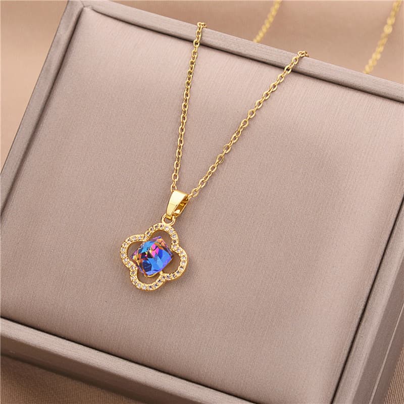 version of the ocean heart necklace female four-leaf clover blue crystal pendant gold titanium steel clavicle chain jewelry wholesale
